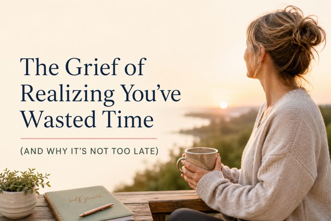 Cozy sage-green workspace with a journal and coffee mug beside the title "The Grief of Realizing You've Wasted Time (And Why It's Not Too Late)," symbolizing a fresh start and midlife renewal.