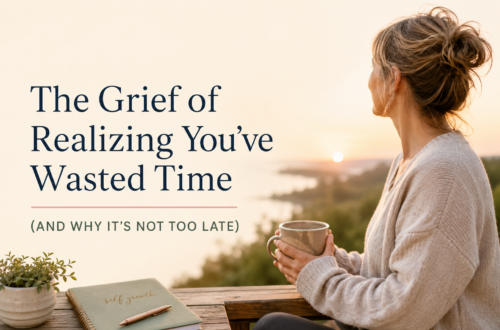 Cozy sage-green workspace with a journal and coffee mug beside the title "The Grief of Realizing You've Wasted Time (And Why It's Not Too Late)," symbolizing a fresh start and midlife renewal.