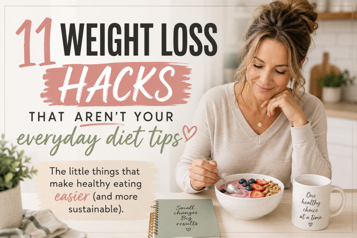 A midlife woman enjoys a healthy berry and cottage cheese breakfast bowl at her kitchen table beside a cup of coffee. Bold text reads "11 Weight Loss Hacks That Aren't Your Everyday Diet Tips," promoting practical healthy eating ideas for busy women in midlife.
