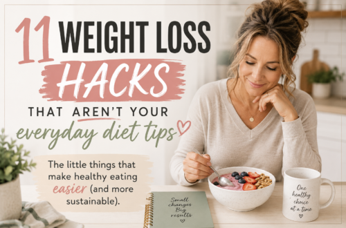 A midlife woman enjoys a healthy berry and cottage cheese breakfast bowl at her kitchen table beside a cup of coffee. Bold text reads "11 Weight Loss Hacks That Aren't Your Everyday Diet Tips," promoting practical healthy eating ideas for busy women in midlife.