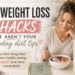 A midlife woman enjoys a healthy berry and cottage cheese breakfast bowl at her kitchen table beside a cup of coffee. Bold text reads "11 Weight Loss Hacks That Aren't Your Everyday Diet Tips," promoting practical healthy eating ideas for busy women in midlife.