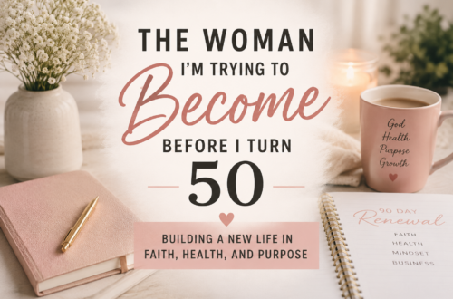 Pinterest graphic featuring a woman sitting on a mountain overlook, looking out over a peaceful blue lake and rolling hills. The design uses blue and sage green tones with the headline, "I'm Choosing Me Before I Turn 50." The image represents midlife reinvention, healthy habits, faith, personal growth, journaling, and creating a purposeful life after 40.