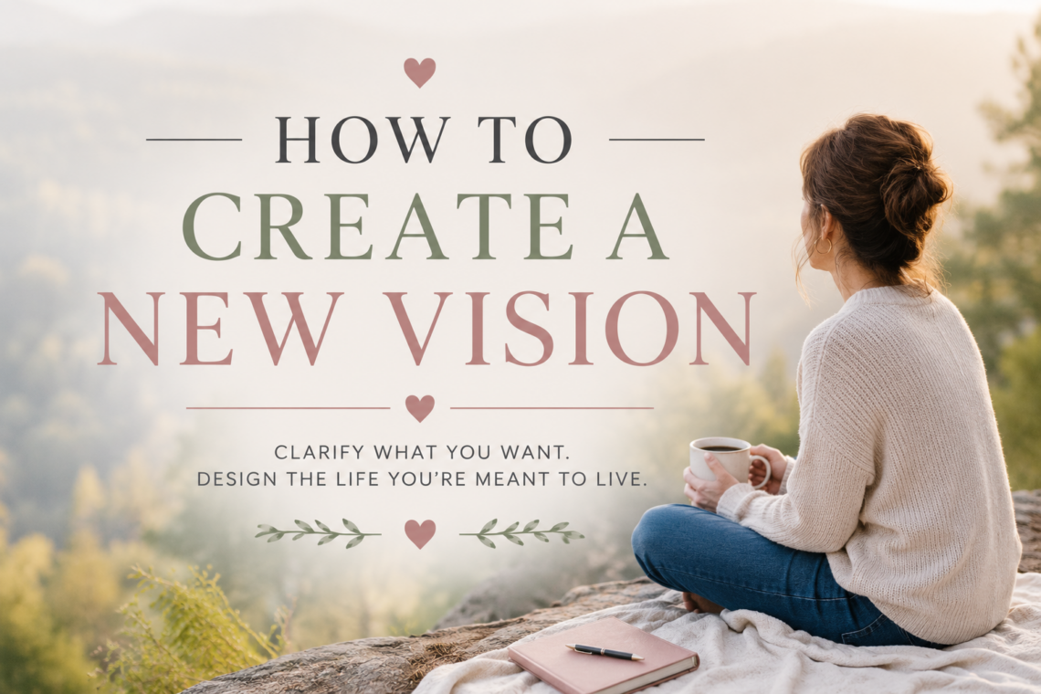 A thoughtful midlife woman sits outdoors overlooking a peaceful landscape with a journal and coffee, alongside the title "How to Create a New Vision." This image represents intentionally designing a meaningful new chapter in midlife with hope, purpose, and renewed direction.