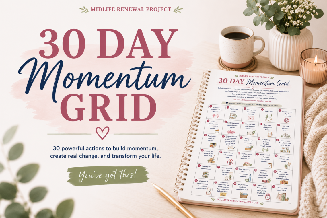 30 Day Momentum Grid featured image showing a printable challenge journal on a cozy desk. A Midlife Renewal Project resource to help women build momentum, develop healthy habits, and create lasting life change.