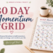 30 Day Momentum Grid featured image showing a printable challenge journal on a cozy desk. A Midlife Renewal Project resource to help women build momentum, develop healthy habits, and create lasting life change.