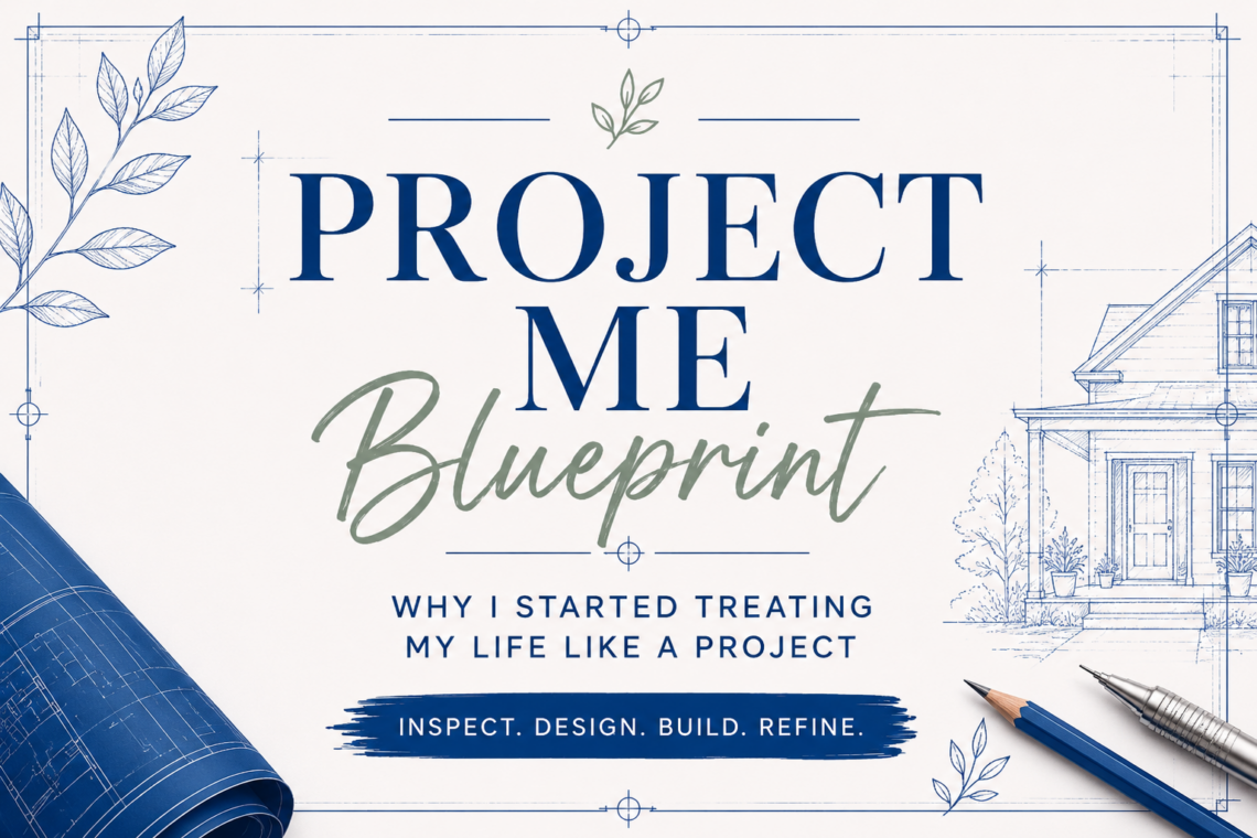 Blueprint-inspired blog featured image with the title "Project Me Blueprint" and the subtitle "Why I Started Treating My Life Like a Project." The design features navy blue architectural blueprint elements, drafting lines, rolled blueprints, a technical pencil, and a house sketch on a white background, symbolizing intentional personal growth, life planning, and midlife transformation.