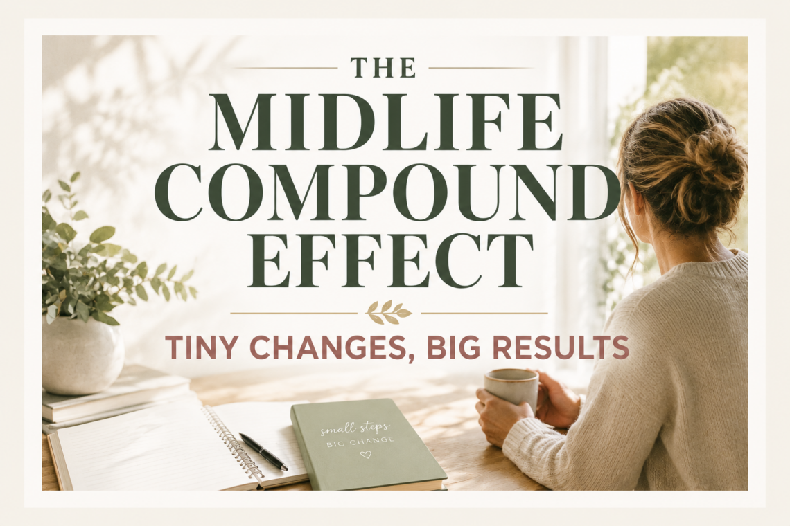 WordPress featured image for a blog about the midlife compound effect, showing a peaceful workspace with a journal, coffee, and plants. The image represents how tiny daily habits can help women over 40 improve their health, mindset, and lifestyle over time.