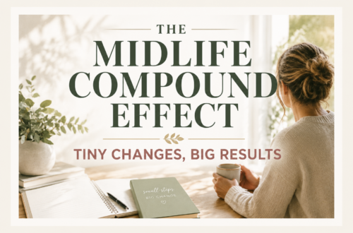 WordPress featured image for a blog about the midlife compound effect, showing a peaceful workspace with a journal, coffee, and plants. The image represents how tiny daily habits can help women over 40 improve their health, mindset, and lifestyle over time.
