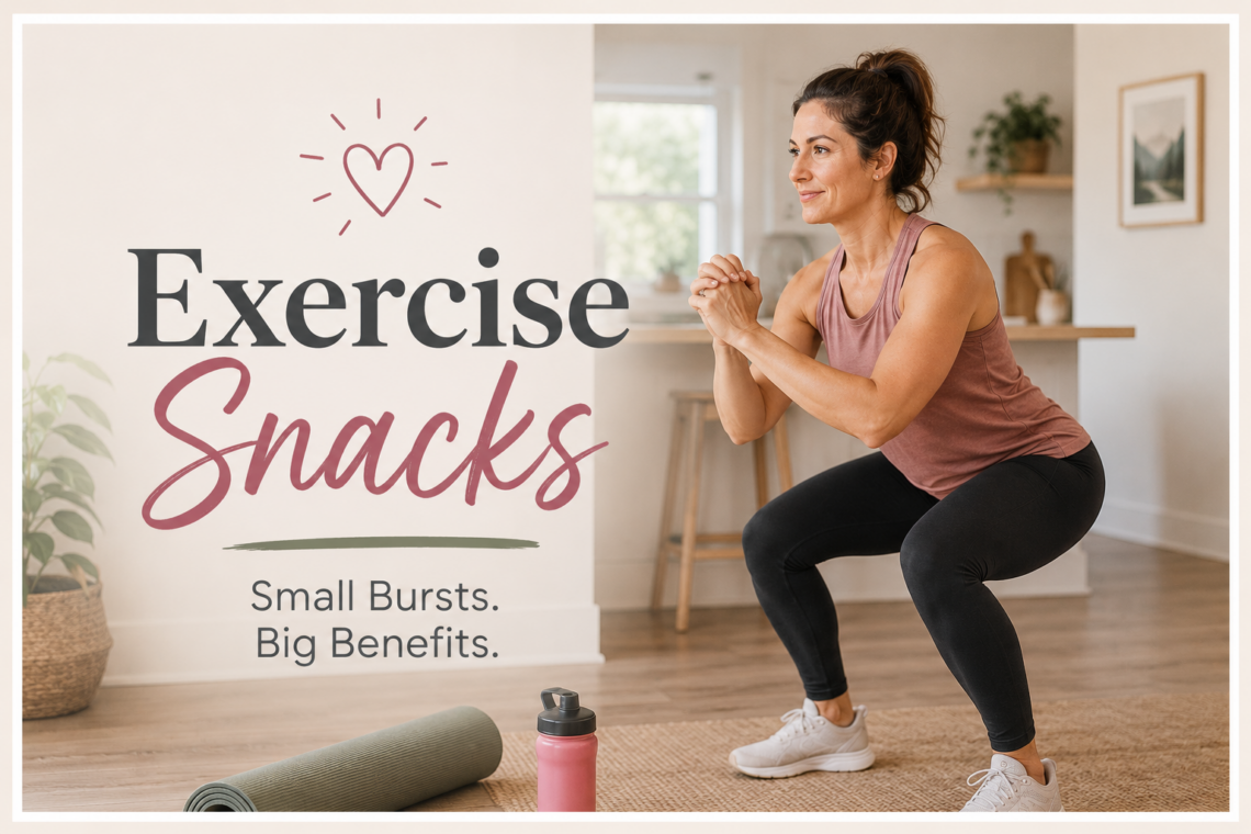 Woman doing bodyweight squats in a bright home kitchen with the title "Exercise Snacks – Small Bursts. Big Benefits." promoting a blog about fitting short, high-intensity exercise into a busy day for better health and fitness.