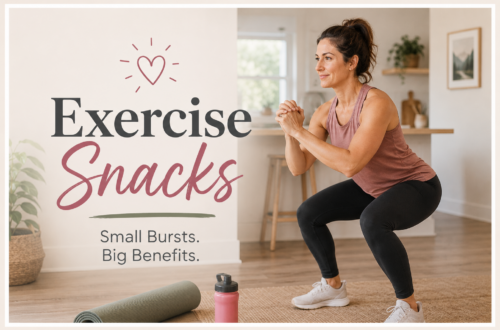 Woman doing bodyweight squats in a bright home kitchen with the title "Exercise Snacks – Small Bursts. Big Benefits." promoting a blog about fitting short, high-intensity exercise into a busy day for better health and fitness.