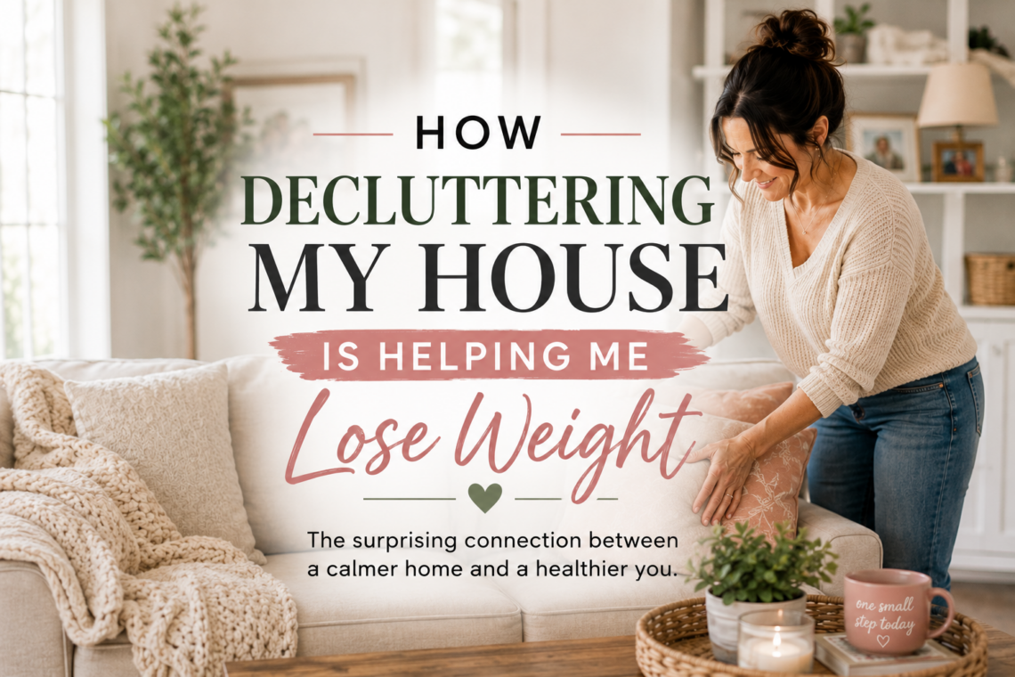 A woman tidies her living room in a bright, organized home with the title "How Decluttering My House Is Helping Me Lose Weight." The image represents the connection between a clean home, a calmer mind, and healthier habits in midlife.