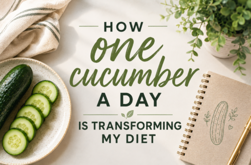 Pinterest graphic featuring fresh cucumber slices on a wooden cutting board beside a jar of cucumber water in a bright, airy kitchen. Large text reads, “The Simple Cucumber Habit That Changed How I Eat for Good.” The image promotes a personal blog post about using one small daily habit to build healthier eating habits without dieting.