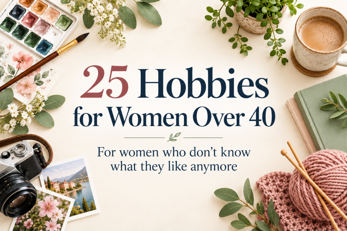Featured image for “25 Hobbies for Women Over 40 Who Don’t Know What They Like Anymore” with watercolor paints, knitting yarn, a camera, books, greenery, coffee, and travel photos arranged around the title.