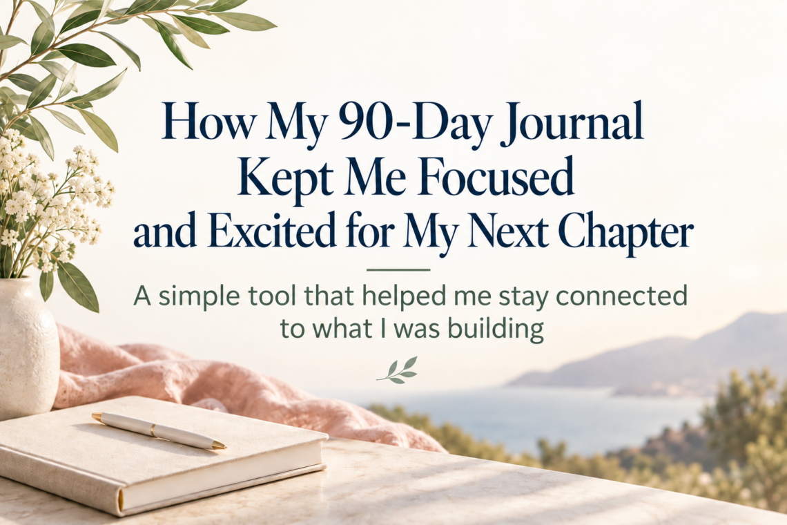Featured image for “How My 90-Day Journal Kept Me Focused and Excited for My Next Chapter,” with a blank journal and pen, soft greenery, white flowers, and a calm coastal background.