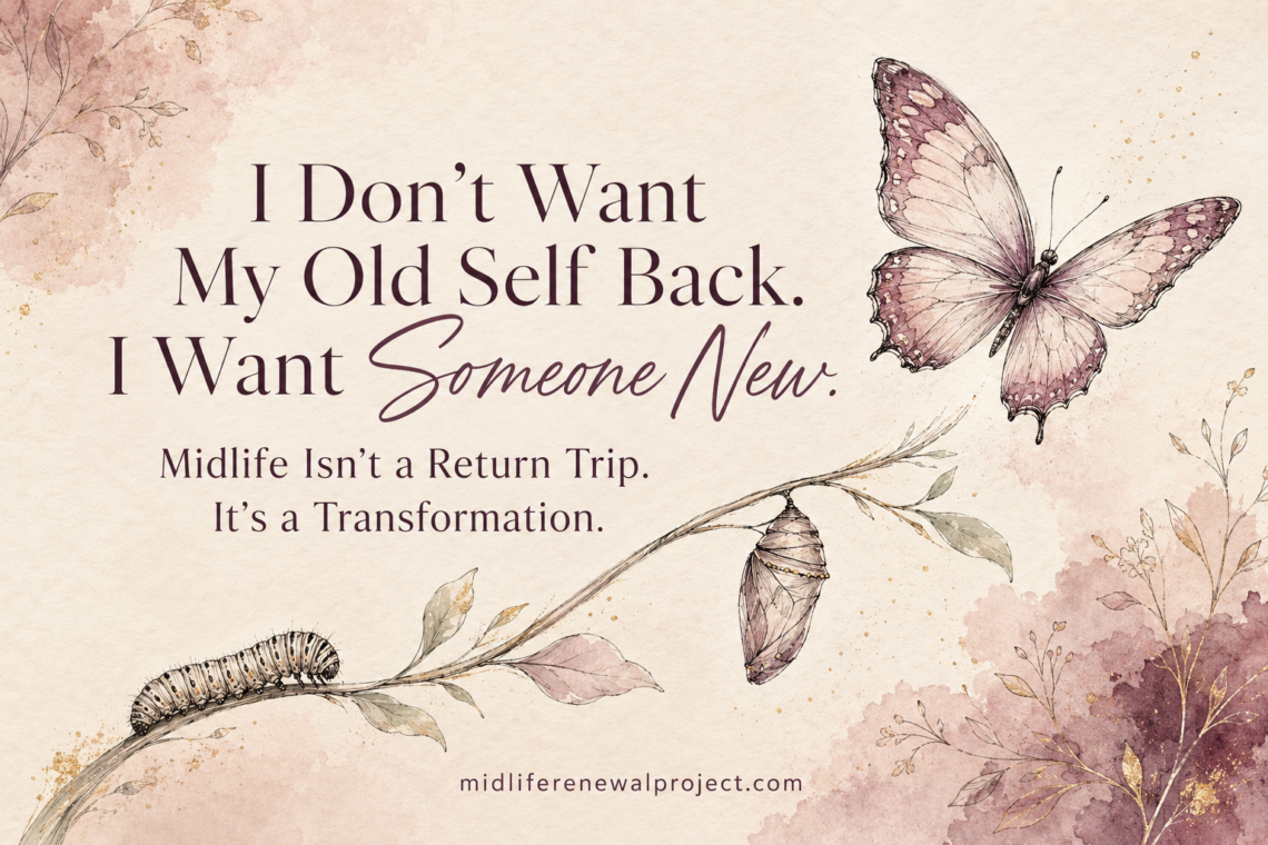 image of a catapillar turning into a butterfly with the text I don't want my old self back. Midlife isn't a return trip, it's a transformation