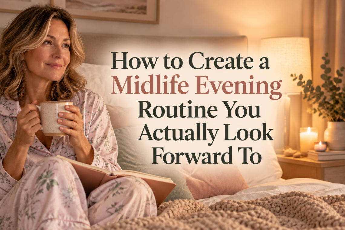 Midlife woman relaxing in cozy pajamas with tea and a journal during a calming evening routine, with warm bedroom lighting and candles.