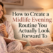 Midlife woman relaxing in cozy pajamas with tea and a journal during a calming evening routine, with warm bedroom lighting and candles.