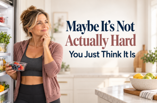 Midlife woman thinking beside the words “Maybe It’s Not Actually Hard, You Just Think It Is,” for an article about mindset, resistance, and making changes in midlife.