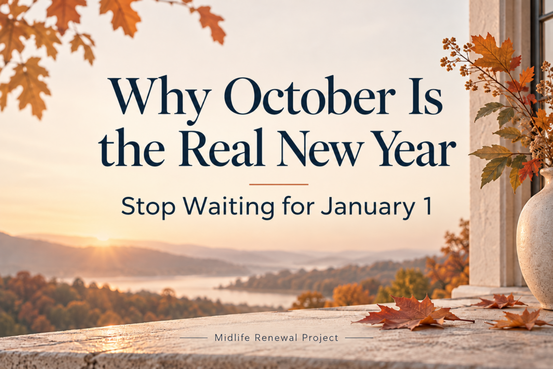 Autumn sunrise over a peaceful lake and fall-colored trees with the title “Why October Is the Real New Year” and subtitle “Stop Waiting for January 1,” encouraging women over 40 to start building better habits and making positive life changes before the new year.