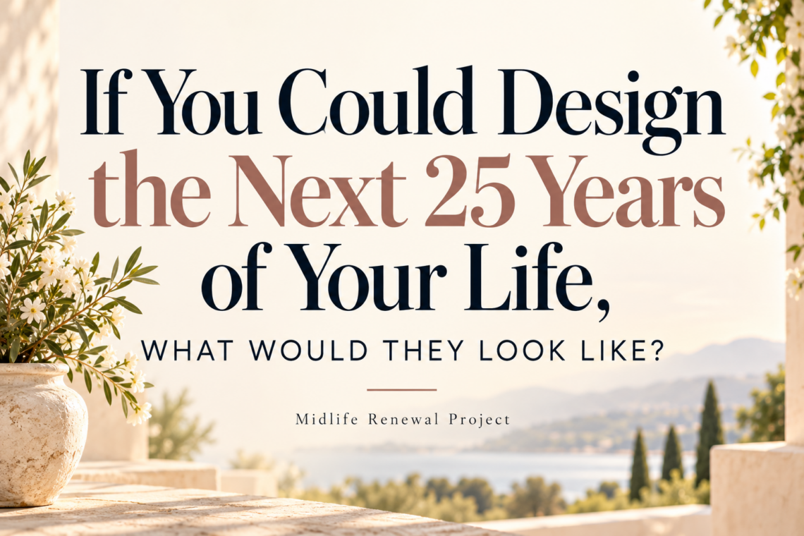 Elegant midlife inspiration graphic featuring the title “If You Could Design the Next 25 Years of Your Life, What Would They Look Like?” in navy and dusty rose lettering against a soft cream background, with delicate white flowers and a peaceful landscape. A hopeful invitation for women over 40 to embrace midlife renewal, personal growth, and a new chapter in life.