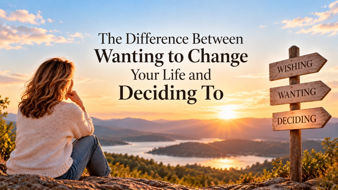 Woman sitting on a rocky overlook at sunset beside wooden signs reading Wishing, Wanting, and Deciding, illustrating the difference between wanting to change your life and making a decision to take action in midlife.