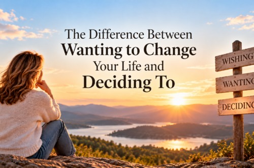Woman sitting on a rocky overlook at sunset beside wooden signs reading Wishing, Wanting, and Deciding, illustrating the difference between wanting to change your life and making a decision to take action in midlife.