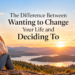Woman sitting on a rocky overlook at sunset beside wooden signs reading Wishing, Wanting, and Deciding, illustrating the difference between wanting to change your life and making a decision to take action in midlife.