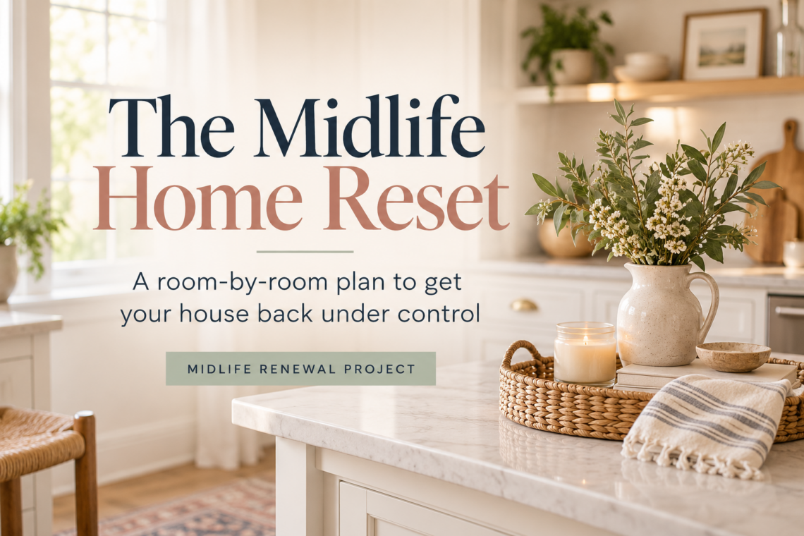The Midlife Home Reset featured image with a bright, organized kitchen and the text “A room-by-room plan to get your house back under control.”